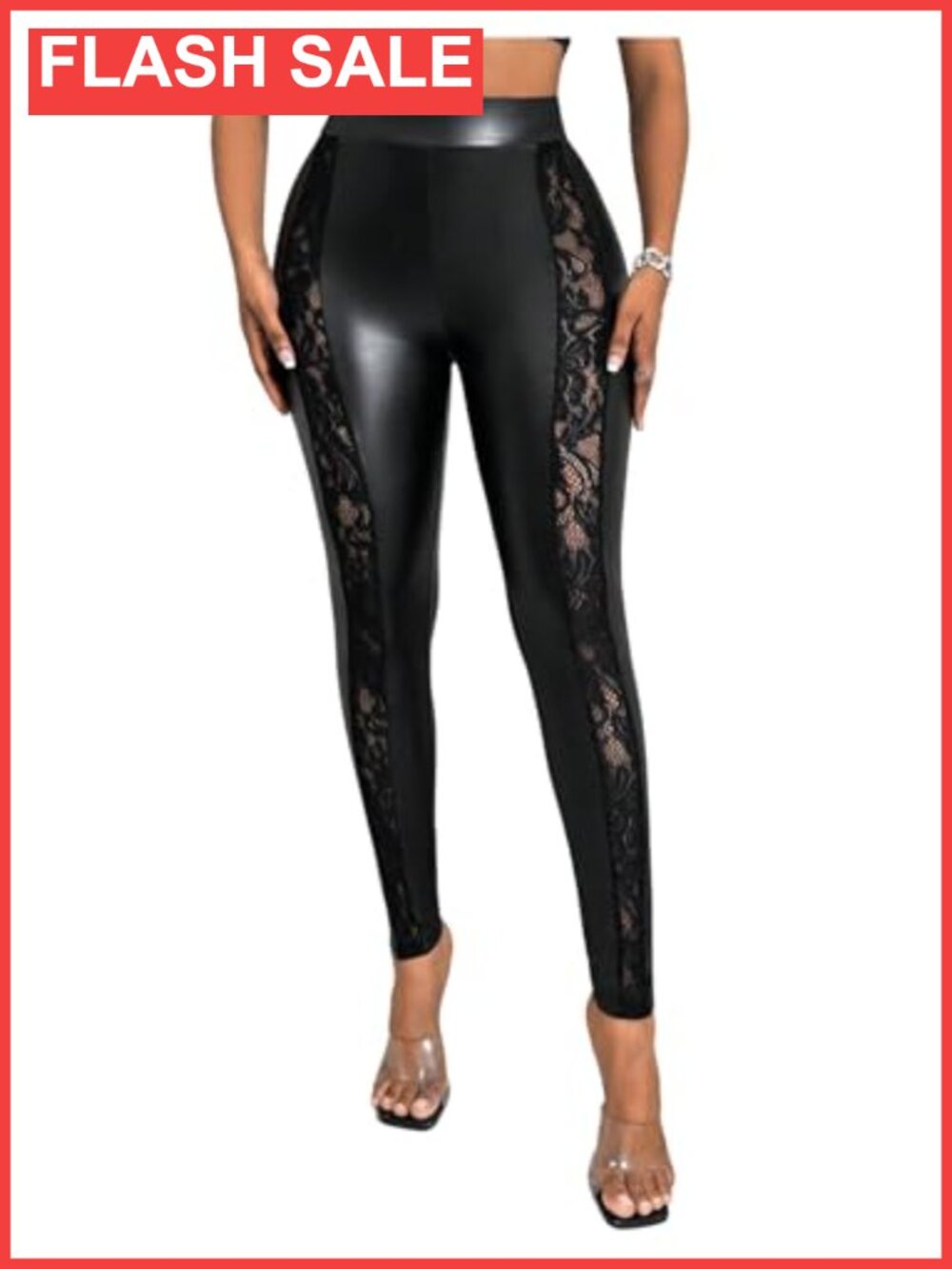 Faux Leather Lace Leggings High Waisted Stretchy Skinny Pants Night Out